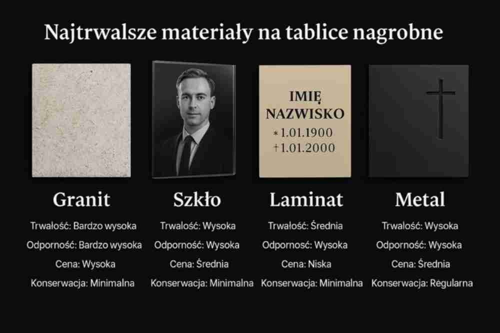 Porównanie materiałów na tablice nagrobne: granit, szkło, laminat i metal – trwałość, odporność, cena, konserwacja
