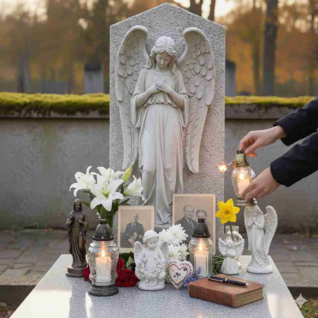 Zapalony znicz na grobie – symbol pamięci, światła i nadziei