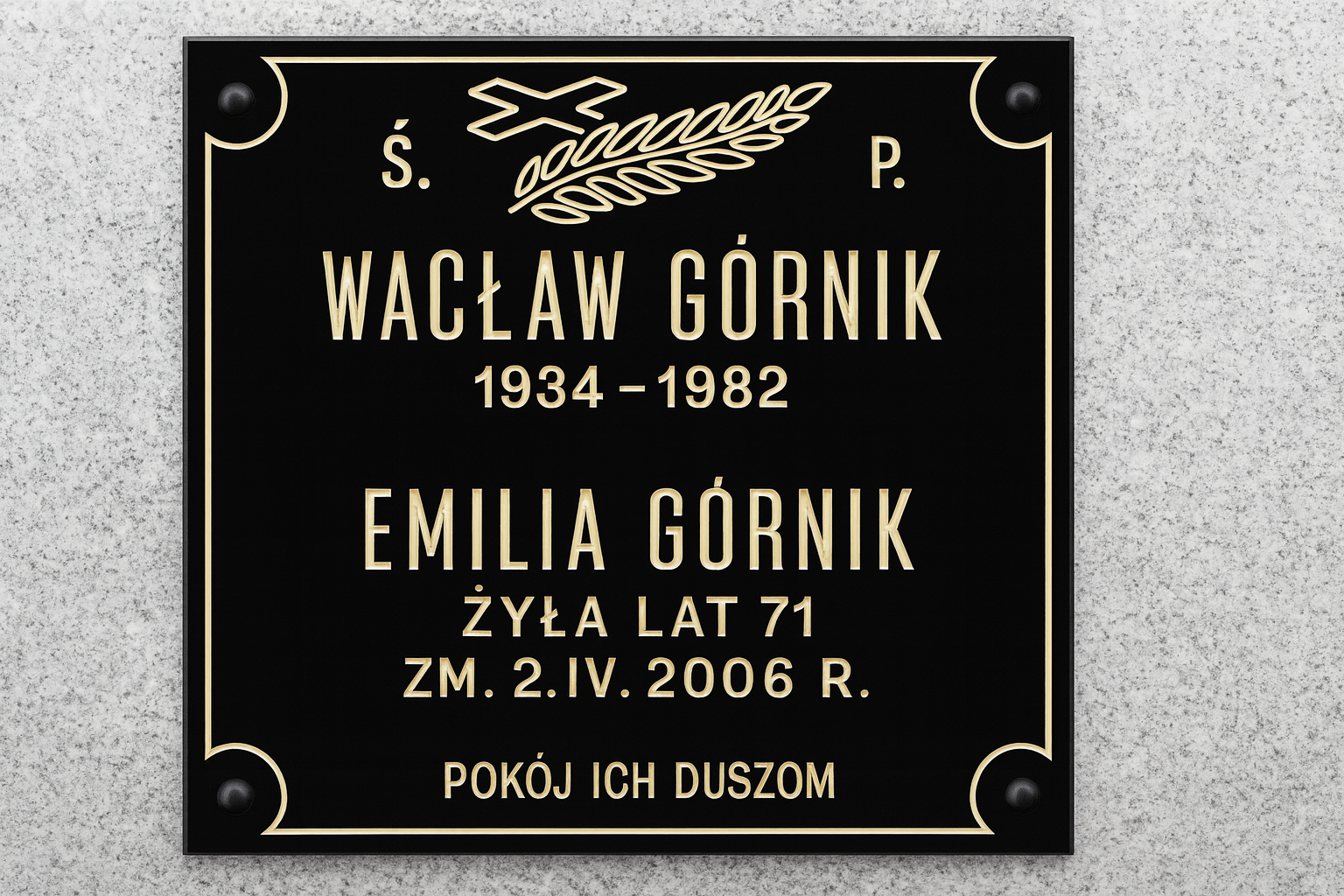 Tablica nagrobkowa dla 2 osób z krzyżem, palemką i dekoracyjną ramką